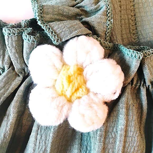 Sage Green Dog Dress with Ruffled Spaghetti Straps and Crochet Daisies, Size M - Picture 4 of 5